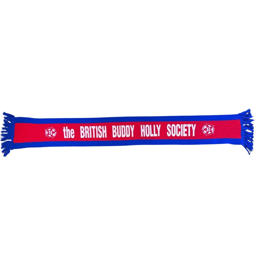 Vintage British Buddy Holly Society Fan Club Knit Scarf Red Blue Rock & Roll